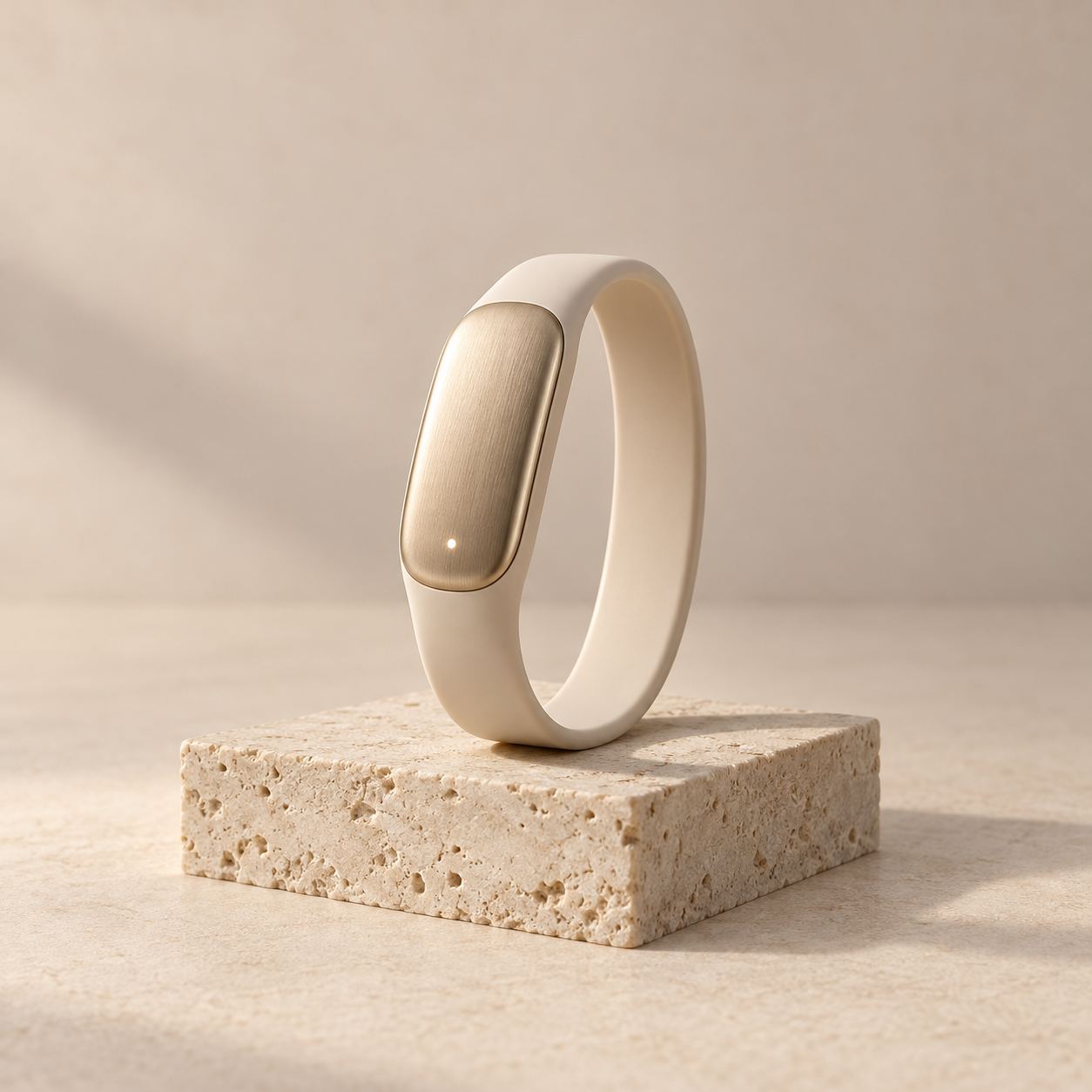 Fiona Band in Champagne standing on a travertine block.