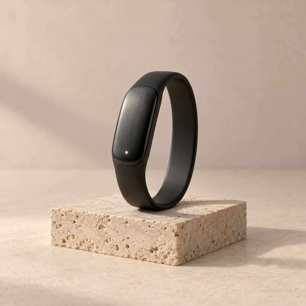 Fiona Band in Obsidian: satin black metal capsule on a black band.