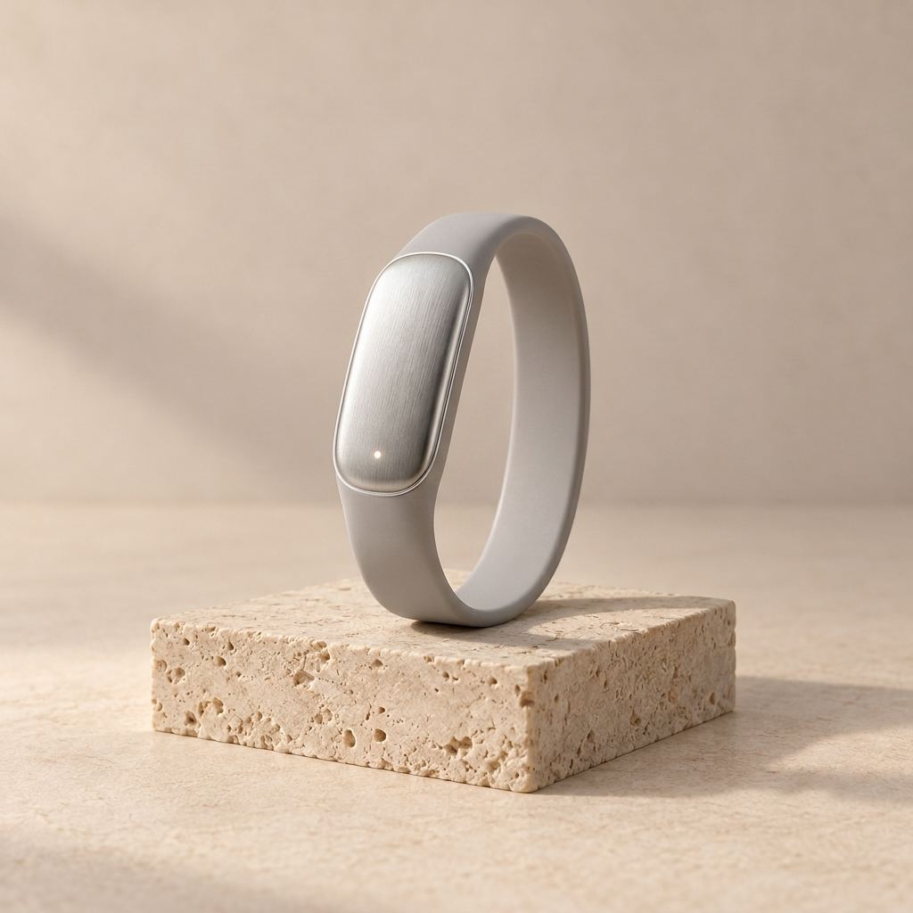 Fiona Band in Platinum: brushed silver capsule on a dove-grey band.