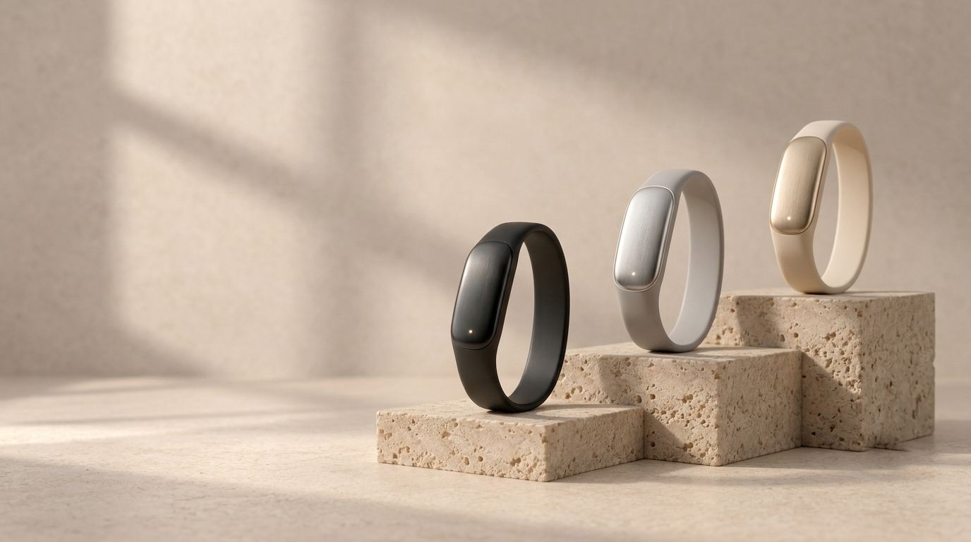 Fiona Band in Obsidian, Platinum and Champagne on stepped travertine in afternoon light.